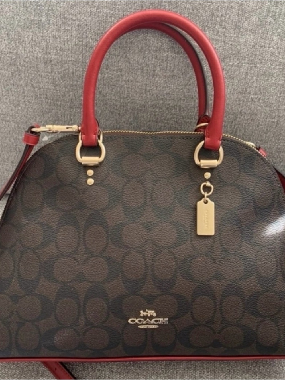 Coach Brown Signature Dome Satchel with Red Handles and Trim - Picture 1 of 11